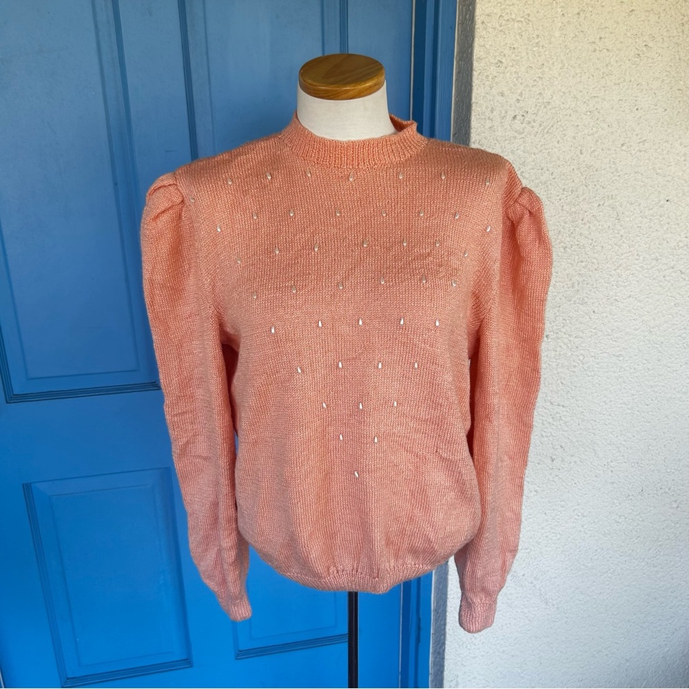 Vintage Knitted Peach Sweater w/ Pearls Sewn On Front, Cottagecore